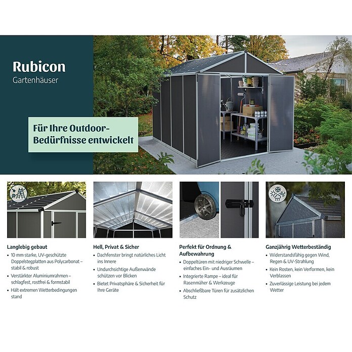 Palram – Canopia Gerätehaus Rubicon (Außenbreite inkl. Dachüberstand: 175 cm, Außentiefe inkl. Dachüberstand: 302 cm, Kunststoff, Dunkegrau) | BAUHAUS