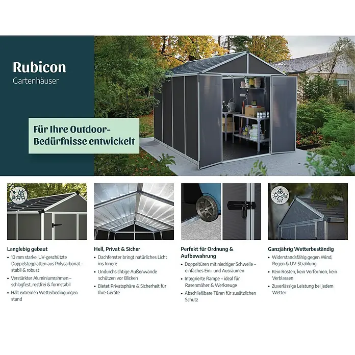 Palram – Canopia Gartenhaus Rubicon - Außenmaß inkl. Dachüberstand (B x T): 1,85 x 3,78 m, Kunststoff, Grau - Dunkelgraues Rubicon Gartenhaus mit weißen Akzenten in einer Gartenumgebung, ideal für Lagerung und wetterbeständigen Schutz.