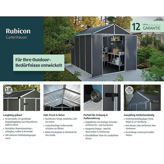 Palram – Canopia Gerätehaus Rubicon (Außenbreite inkl. Dachüberstand: 175 cm, Außentiefe inkl. Dachüberstand: 302 cm, Kunststoff, Dunkegrau) | BAUHAUS