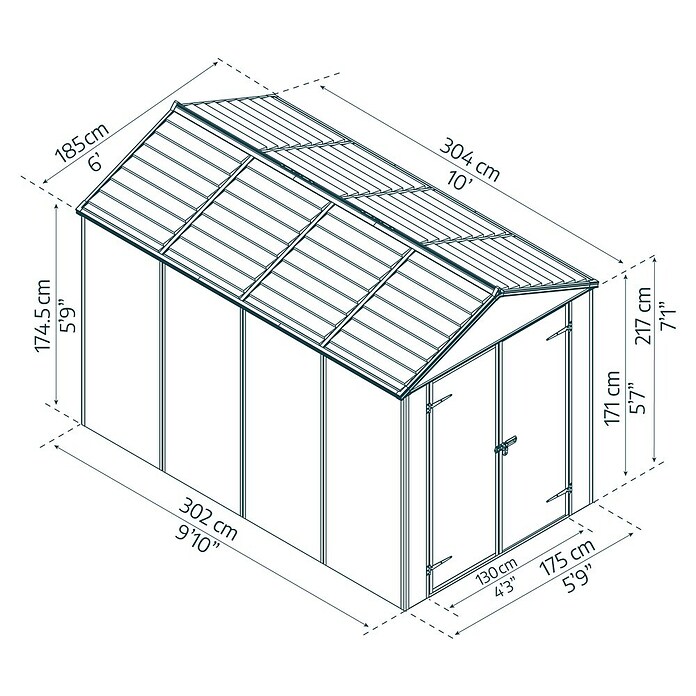 Palram – Canopia Gerätehaus Rubicon (Außenbreite inkl. Dachüberstand: 175 cm, Außentiefe inkl. Dachüberstand: 302 cm, Kunststoff, Dunkegrau) | BAUHAUS