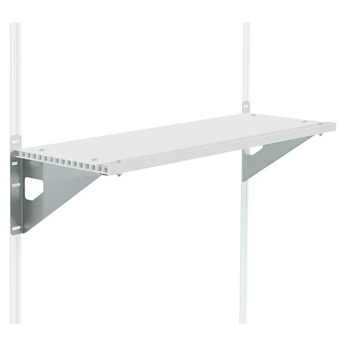Palram – Canopia Regal-Set - Passend für: Palram-Canopia Gerätehaus SkyLight & Rubicon - Weißes, verstellbares Wandregal mit grauen Halterungen an vertikalen Schienen.