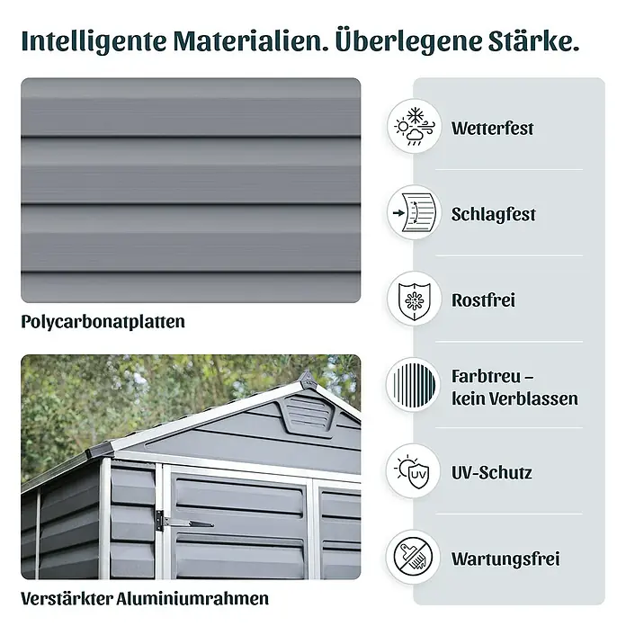 Palram – Canopia Regal-Set - Passend für: Palram-Canopia Gerätehaus SkyLight & Rubicon - Grafik mit grauen Polycarbonatplatten und verstärktem Aluminiumrahmen, hervorhebend Merkmale wie Wetterfestigkeit und UV-Schutz.