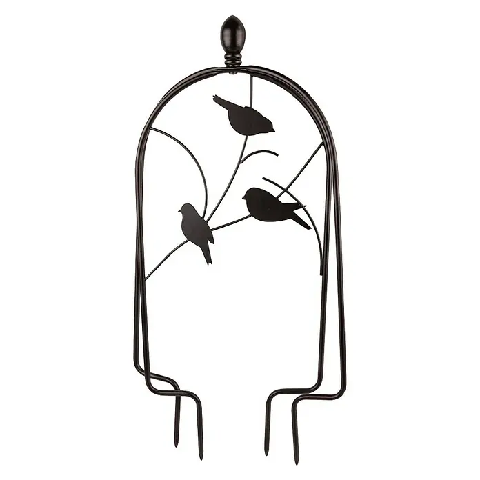 Windhager Rankgitter Bird für Pflanztopf - B x H: 26 x 60 cm, Schwarz, Metall - Nahaufnahme einer schwarzen Metall-Gartenstütze mit Vogelsilhouetten und Erdspießen, ideal für die Dekoration von Blumenbeeten.