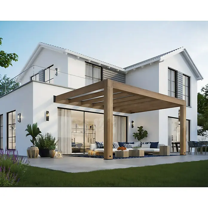 Palram – Canopia Terrassenüberdachung Helsinki - B x T: 535 x 300 cm, Braun - Modernes weißes Haus mit einladender Terrasse unter Holzpergola, gemütlichen Sitzgelegenheiten und Pflanzen zur Entspannung.