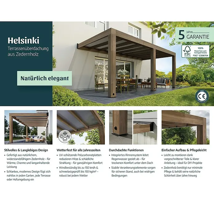 Palram – Canopia Terrassenüberdachung Helsinki - B x T: 535 x 300 cm, Braun - Eine hölzerne Zedernholz-Terrassenüberdachung auf einer Terrasse mit Outdoor-Möbeln schafft einen eleganten Wohnbereich im Freien.
