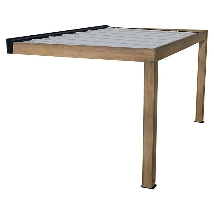 Palram – Canopia Terrassenüberdachung Helsinki - B x T: 535 x 300 cm, Braun - Moderne Holzpergola mit hellbraunem Rahmen, schwarzem Rand und weißem Lamellendach.