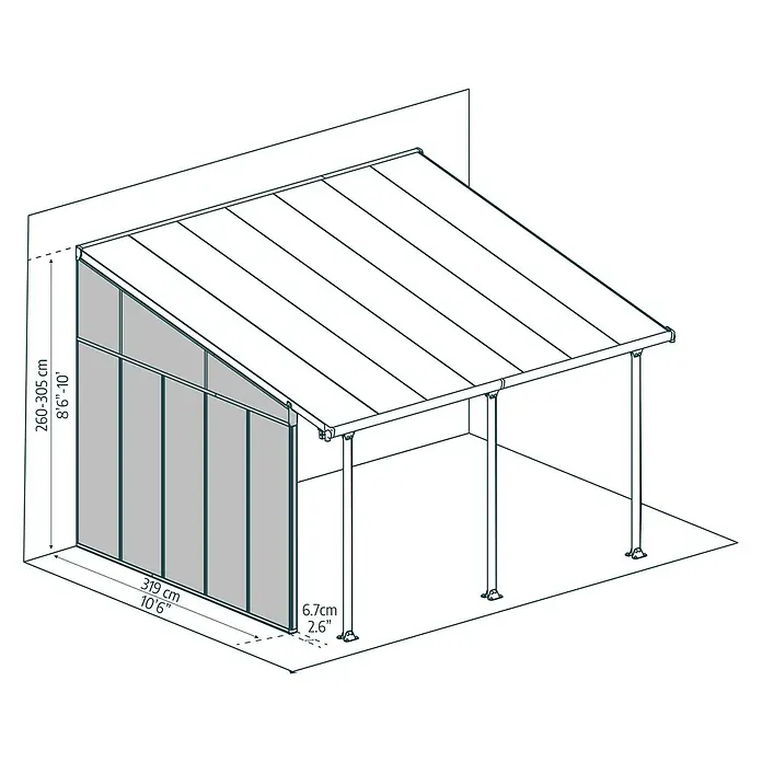Palram – Canopia Seitenwand - Weiß, Passend für: Palram – Canopia Terrassenüberdachungen 4m Tiefe - Eine Umrisszeichnung einer Anbau-Terrassenüberdachung mit Schrägdach, Seitenwänden und vorderen Stützpfosten, bemaßt.