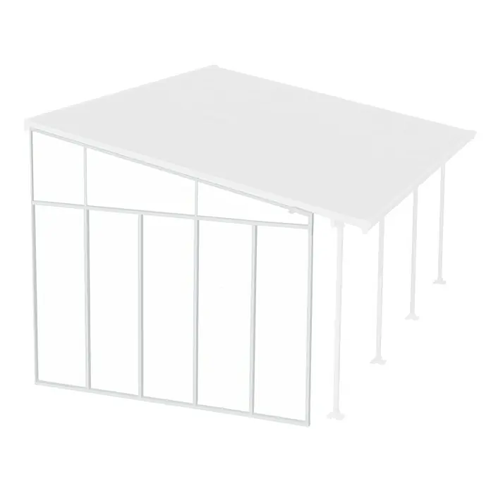 Palram – Canopia Seitenwand - Weiß, Passend für: Palram – Canopia Terrassenüberdachungen 4m Tiefe - Weißer Carport mit schrägem Dach, vertikalen Stützen und Seitenwand.