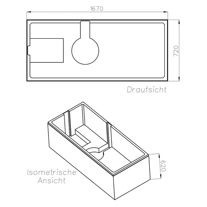 Ottofond Wannenträger Tacoma - Passend für: Badewanne Tacoma 170 x 75 cm - Abbildung einer rechteckigen Badewanne mit den Maßen 1670 x 720 x 620 mm in Aufsicht und isometrischer Ansicht.