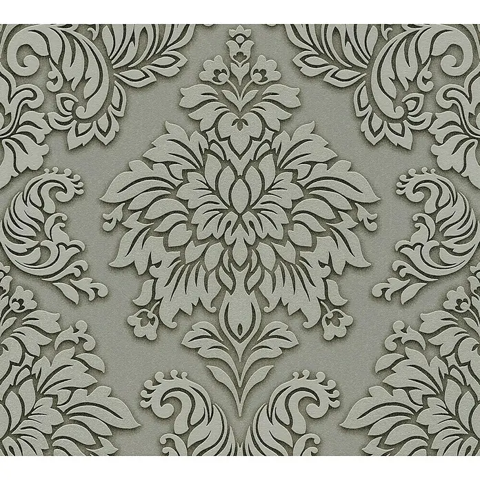 A.S. Création Metropolitan Stories Vliestapete Damask - Grau/Grün, Ornament, 10,05 x 0,53 m - Elegantes graues Tapetenmuster mit erhabenen floralen Ornamenten, das eine stilvolle und luxuriöse Atmosphäre für jeden Raum schafft.