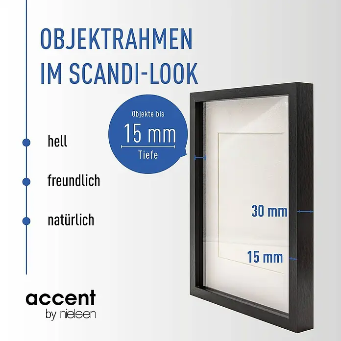 Accent Holzrahmen Objektrahmen Aura - 30 x 40 cm, Schwarz - Schwarzer Objektrahmen im Scandi-Look, 30mm Profil, für Objekte bis 15mm Tiefe.