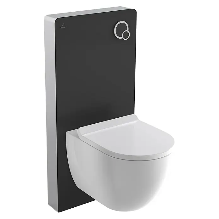 Camargue Sanitärmodul für Wand-WC - 2-Mengen-Spülung, 10,8 x 48,3 x 100 cm, Glasverkleidung, Schwarz - Nahaufnahme einer modernen, wandhängenden Toilette mit einem eleganten, schwarzen Spülkasten und minimalistischem Design.