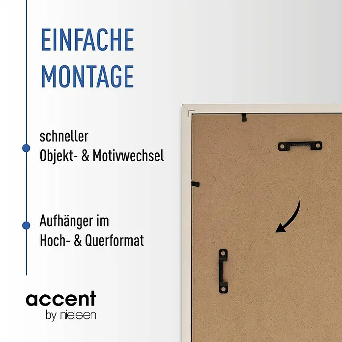 Accent Holzrahmen Objektrahmen Aura - 30 x 40 cm, Schwarz - Braune Rahmenrückseite mit Metallclips und Sägezahnaufhängern für einfache Hoch-/Querformat-Montage und schnellen Wechsel.