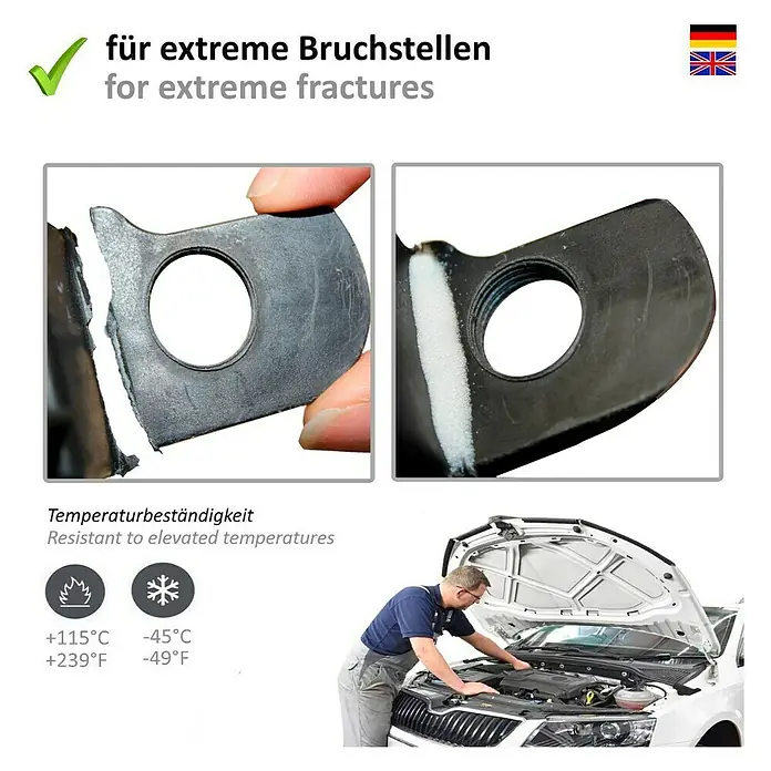 HG Power Glue Kleber-Set Klebstoff und Granulat - 15 g, 2 -tlg., Flasche - Produktbild mit Fokus auf seine Widerstandsfähigkeit gegenüber extremen Brüchen und Temperaturen.