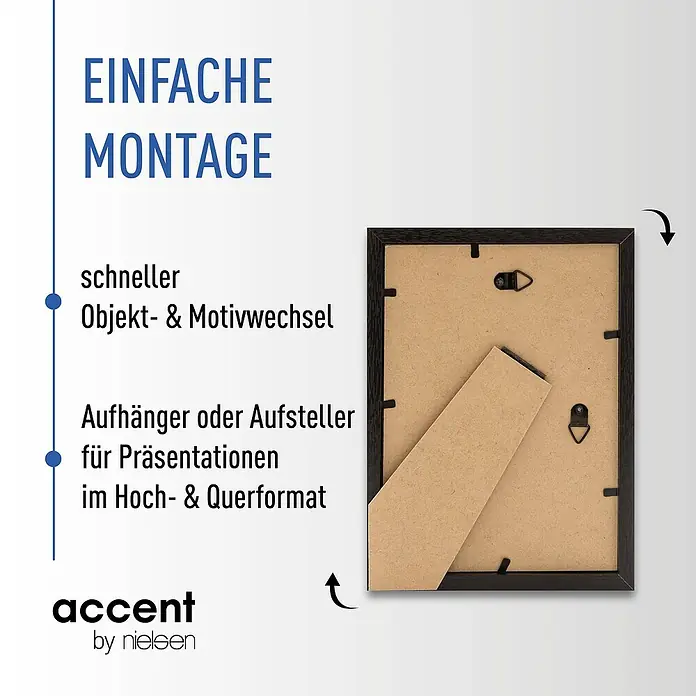 Accent Holzrahmen Objektrahmen Aura - 18 x 24 cm, Schwarz - Rückseite eines schwarzen Bilderrahmens mit Aufsteller und Aufhängern für Hoch- oder Querformat.