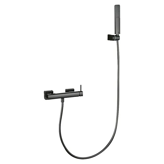 Camargue Bolonia Grifo de ducha - Black gun, Con grifo monomando - Conjunto de ducha negro mate con ducha de mano rectangular, manguera y grifo termostático de pared.