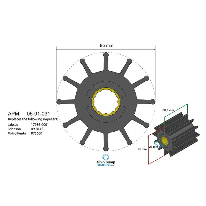 Albin Pump Impeller PN 06-02-031 - Ø x L: 95 x 88,8 mm, Wellendurchmesser: 25 mm - Abbildung eines APM 06-01-031 Impellers, der Jabsco-, Johnson- und Volvo Penta-Impeller ersetzt, mit Maßangaben für eine einfache Identifizierung.