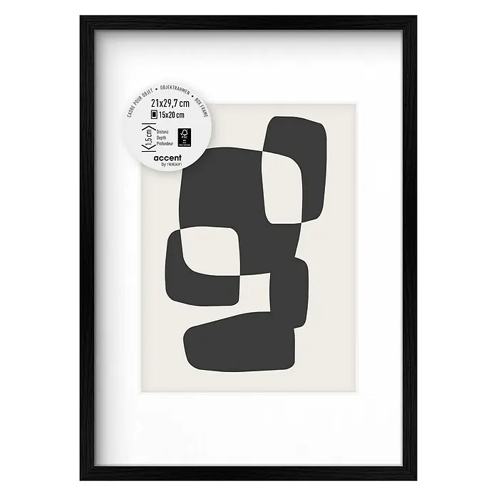 Accent Holzrahmen Objektrahmen Aura - DIN A4 / 21 x 29,7 cm, Schwarz - Schwarzer Objektrahmen (21x29,7 cm, 1,5 cm Tiefe) für Gegenstände, mit abstrakter Kunst.