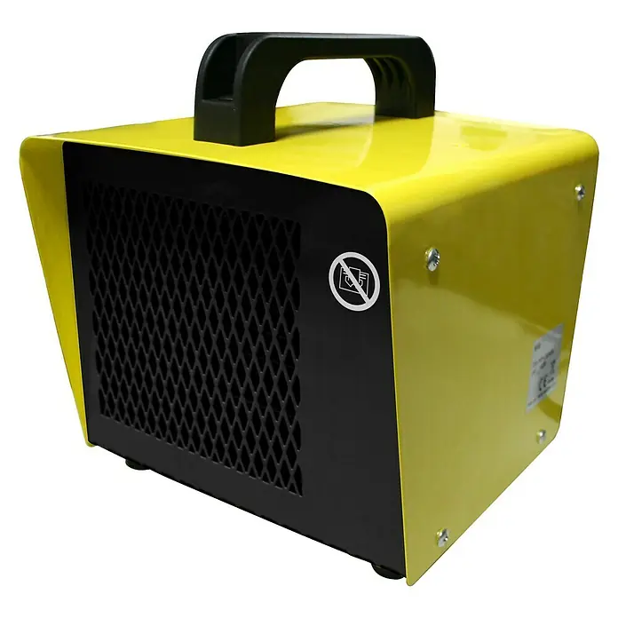Bauheizer Box - 1.000 W - 2.000 W, Nennspannung: 220 V - 240 V, Gelb/Schwarz - Gelber, tragbarer Industrieheizer mit schwarzem Gitter und Griff für den einfachen Transport und Gebrauch in Werkstätten oder auf Baustellen.