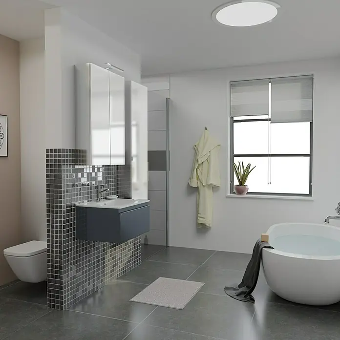 Camargue Espacio Badmöbel-Set i14 - 100 cm, Gama anthrazit glänzend - Das moderne Badezimmer verfügt über einen grauen Waschtisch mit Mosaikfliesen, einen weißen Badschrank und eine freistehende Badewanne.