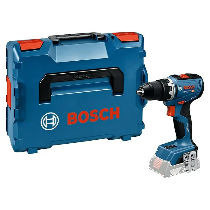 Bosch Professional AMPShare 18V Akku-Bohrschrauber GSR 18V-65 - 18 V, Ohne Akku, 76 Nm, Ohne Akku, mit L-BOXX - Blauer Bosch Werkzeugkoffer und ein blauer Bosch Professional Akku-Bohrschrauber, einsatzbereit.