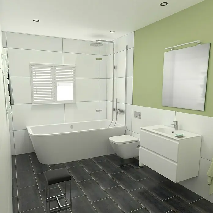 Camargue Espacio Badmöbel-Set G2 - 80 cm, Gama weiß matt - Helles Badezimmer mit Badewanne, Toilette, Waschbecken und einem Hocker. Die Fliesen sind weiß und der Boden ist dunkelgrau. Ein moderner Stil.