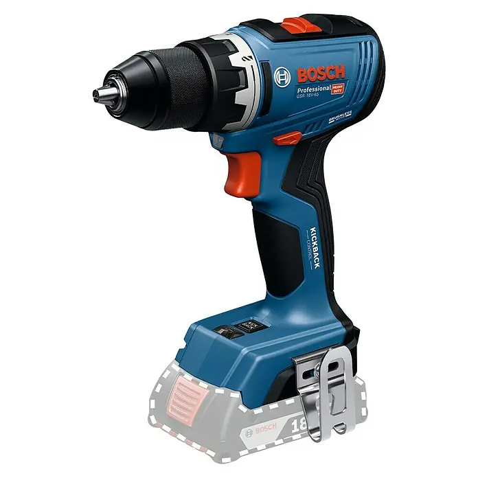 Bosch Professional AMPShare 18V Akku-Bohrschrauber GSR 18V-65 - 18 V, Ohne Akku, 76 Nm, Ohne Akku, mit L-BOXX - Blauer und schwarzer Bosch Akku-Bohrschrauber mit orangefarbenen Akzenten, Metallbohrfutter und teilweiser Akkubasis.