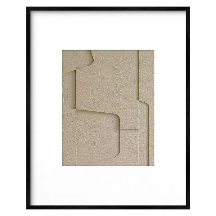 Accent Holzrahmen Objektrahmen Aura - 40 x 50 cm, Schwarz - Schwarzer Bilderrahmen mit weißem Passepartout und beigem, strukturiertem Kunstwerk.