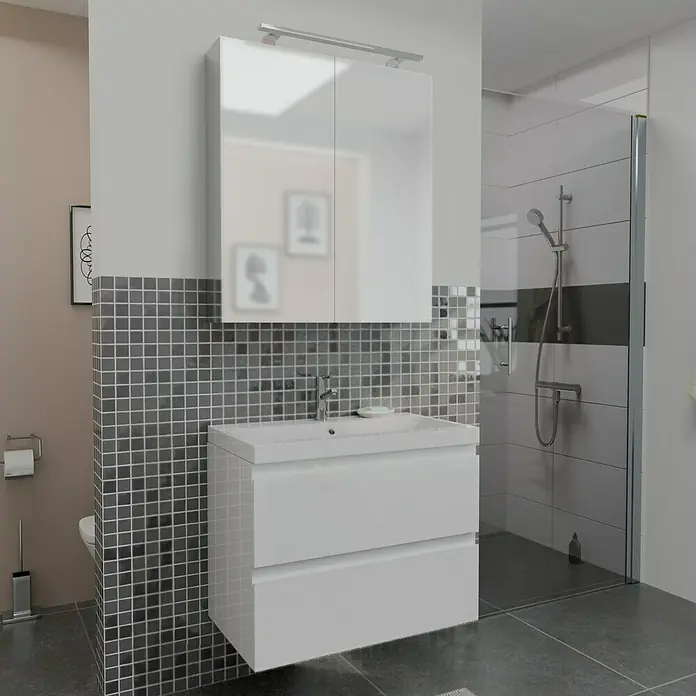 Camargue Espacio Einbauwaschbecken Olex80 x 46 cm, Weiß - Badezimmerwaschtisch mit Unterschrank und Spiegelschrank mit Beleuchtung für ein modernes Ambiente im Badezimmer.