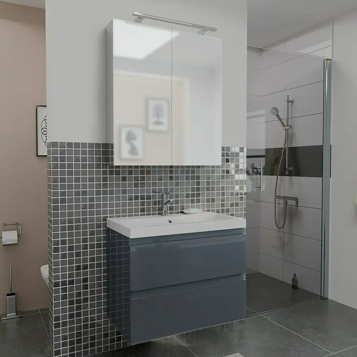 Camargue Espacio Badmöbel-Set G15 - 80 cm, Gama anthrazit glänzend - Modernes Badezimmer-Interieur mit stilvollem Waschtischunterschrank und passendem Spiegelschrank in Weiß und Grau.