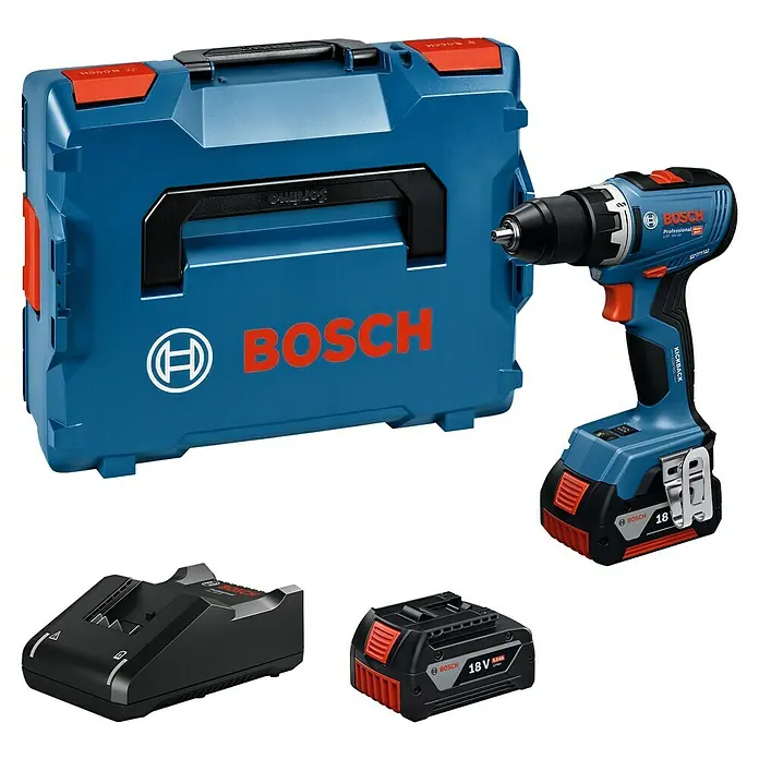 Bosch Professional AMPShare 18V Akku-Bohrschrauber GSR 18V-65 - 18 V, 2 Akkus, 5 Ah, 76 Nm, 2 x 5 Ah Akku, 1 x L-BOXX - Bosch Professional Akkubohrmaschinen-Set mit blauer L-Boxx, Bohrmaschine, zwei 18V Akkus und Ladegerät.