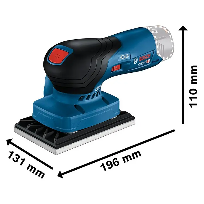 Bosch Professional Akku-Schwingschleifer GSS 12V-13 PRO SOL - Ohne Akku, Leerlaufschwingzahl: 12.000 U/min - 20.000 U/min, 12 V - Blau-schwarzer Bosch Akku-Schwingschleifer mit rotem Ein-/Ausschalter, zeigt Maße von 196x131x110 mm.