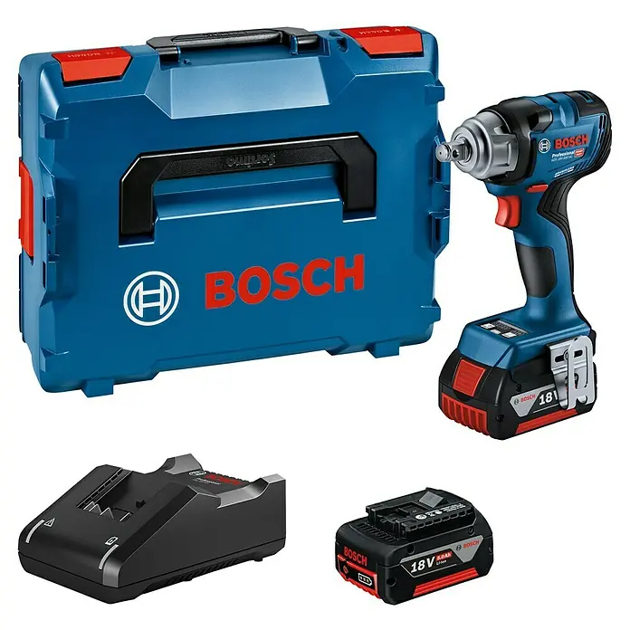 Bosch Professional AMPShare 18V Akku-Drehschlagschrauber GDS 18V-330 HC - 18 V, 330 Nm, 2 x Akku GBA 18V 5.0Ah - Blau-schwarzes Bosch Akku-Schlagschrauber-Set mit 18V Akku, Ladegerät und L-BOXX Koffer.