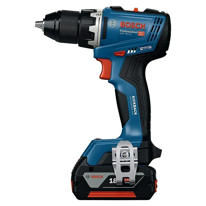 Bosch Professional AMPShare 18V Akku-Bohrschrauber GSR 18V-65 - 18 V, 2 Akkus, 5 Ah, 76 Nm, 2 x 5 Ah Akku, 1 x L-BOXX - Blaue und schwarze Bosch Professional 18V Akku-Bohrmaschine mit 5,0 Ah Li-Ion Akku.