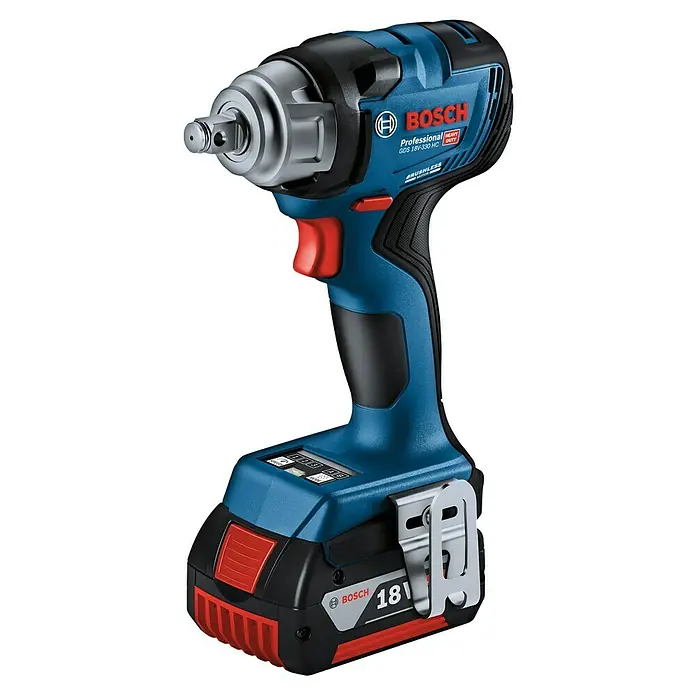 Bosch Professional AMPShare 18V Akku-Drehschlagschrauber GDS 18V-330 HC - 18 V, 330 Nm, 2 x Akku GBA 18V 5.0Ah - Bosch Professional 18V Akku-Schlagschrauber in Blau-Schwarz mit roten Akzenten, mit Metall-Vierkantaufnahme und 18V-Akku.