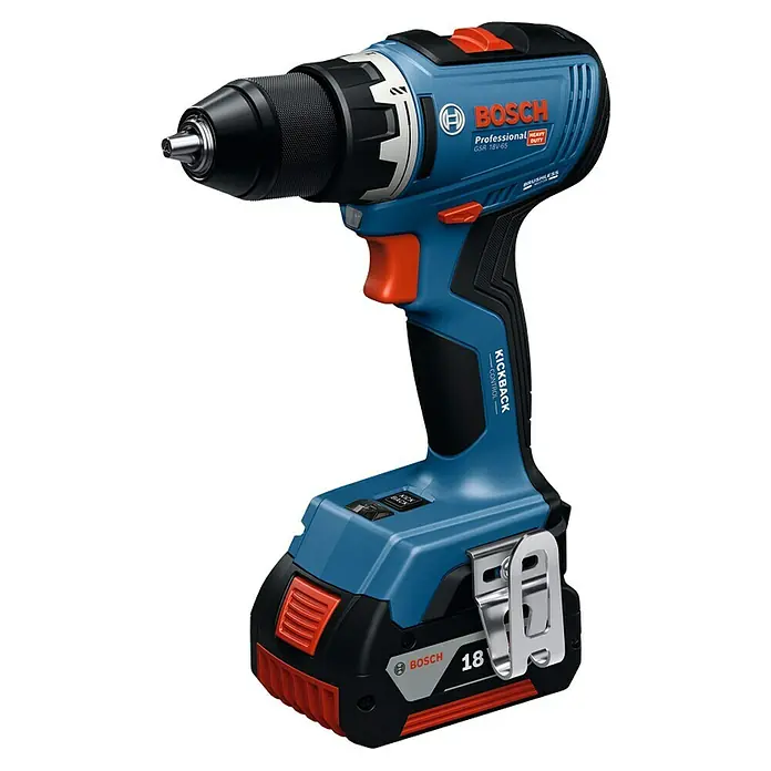 Bosch Professional AMPShare 18V Akku-Bohrschrauber GSR 18V-65 - 18 V, 2 Akkus, 5 Ah, 76 Nm, 2 x 5 Ah Akku, 1 x L-BOXX - Blauer und schwarzer Bosch Professional Akku-Bohrschrauber mit orangefarbenen Akzenten, einem 18V-Akkupack und einem Metallgürtelclip.