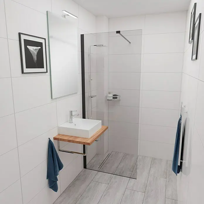 Camargue Espacio Spiegel - 60 x 90 cm, Eckig - Helles Badezimmer mit begehbarer Dusche. Das Waschbecken aus Keramik mit Holzablage ist stilvoll und modern.