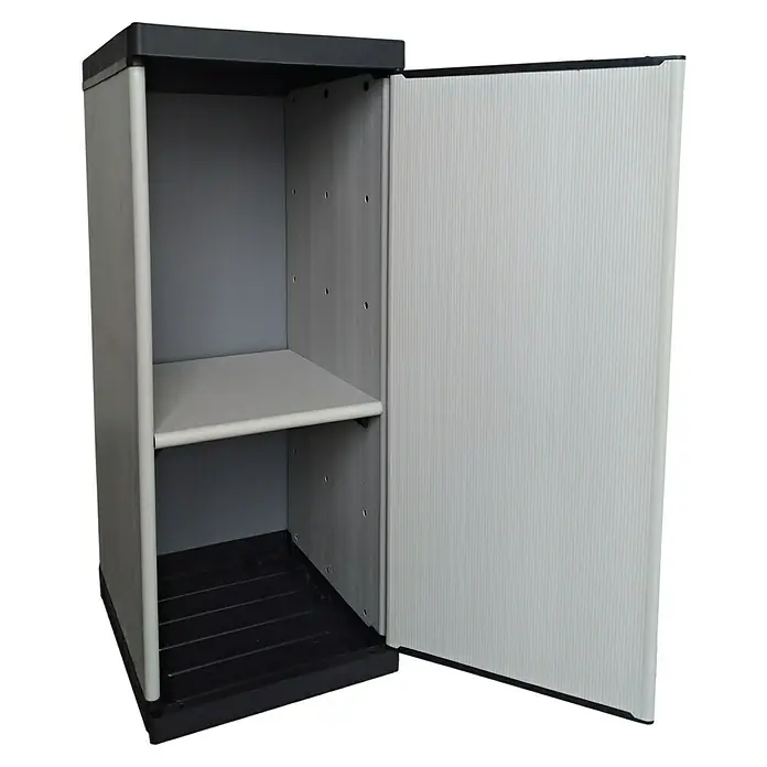 Kunststoff-Mehrzweckschrank - L x B x H: 39,5 x 34 x 85 cm - Ein offener, grauer Kunststoffschrank mit einem schwarzen Sockel und einer grauen Ablage bietet Stauraum.