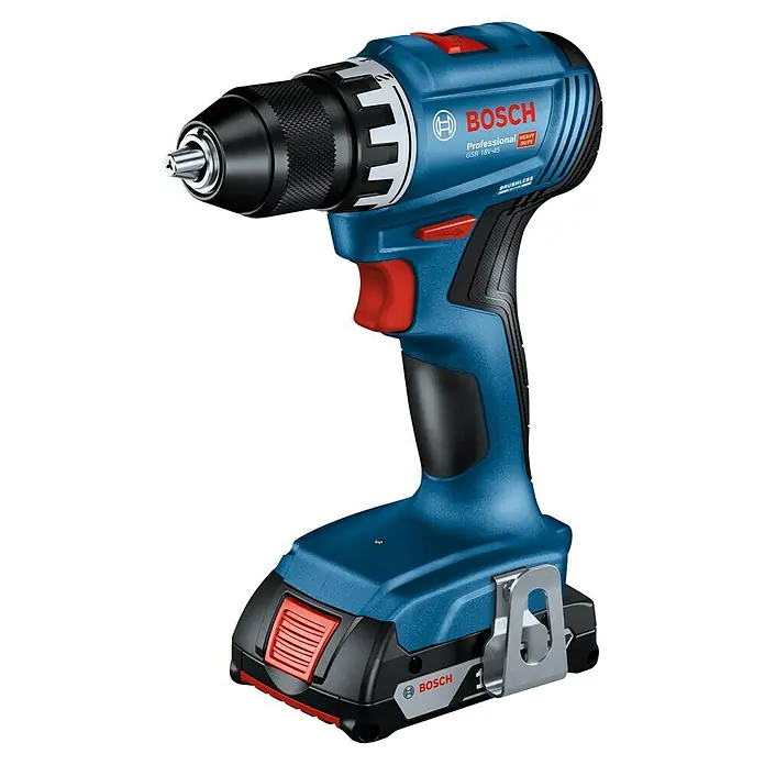 Bosch Professional AMPShare 18V Akku-Bohrschrauber GSR 18V-45 PRO 2X2,0AH - 18 V, 2 Akkus, 45 Nm, L-Boxx, 2 Akkus - Blau-schwarzer Bosch Akku-Bohrschrauber mit roten Akzenten, Metallbohrfutter und ergonomischem Griff.