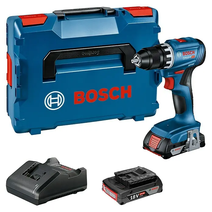 Bosch Professional AMPShare 18V Akku-Bohrschrauber GSR 18V-45 PRO 2X2,0AH - 18 V, 2 Akkus, 45 Nm, L-Boxx, 2 Akkus - Bosch Akku-Bohrschrauber-Set in Blau und Schwarz, mit Bohrer, Akku, Ladegerät und Koffer.