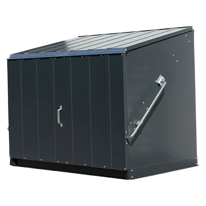Trimetals Garten-Aufbewahrungsbox Stowaway - Anthrazit, Stahl - Bild eines grauen Metall-Geräteschuppens mit schrägem Dach, ideal für die Lagerung im Außenbereich.