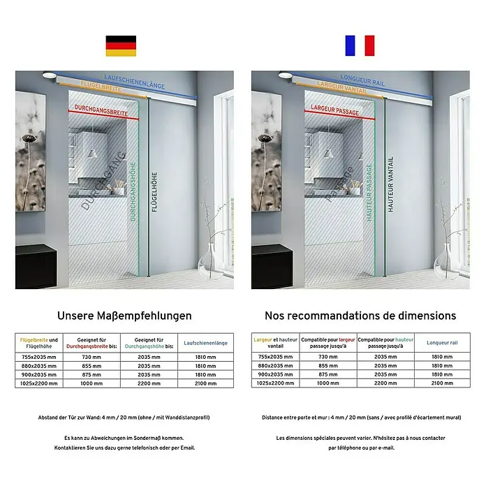 Inova Schiebetür-Komplettset Glasschiebetür ESG Klarglas 1025 x 2200 mm mit Softclose - 1.025 x 2.200 mm