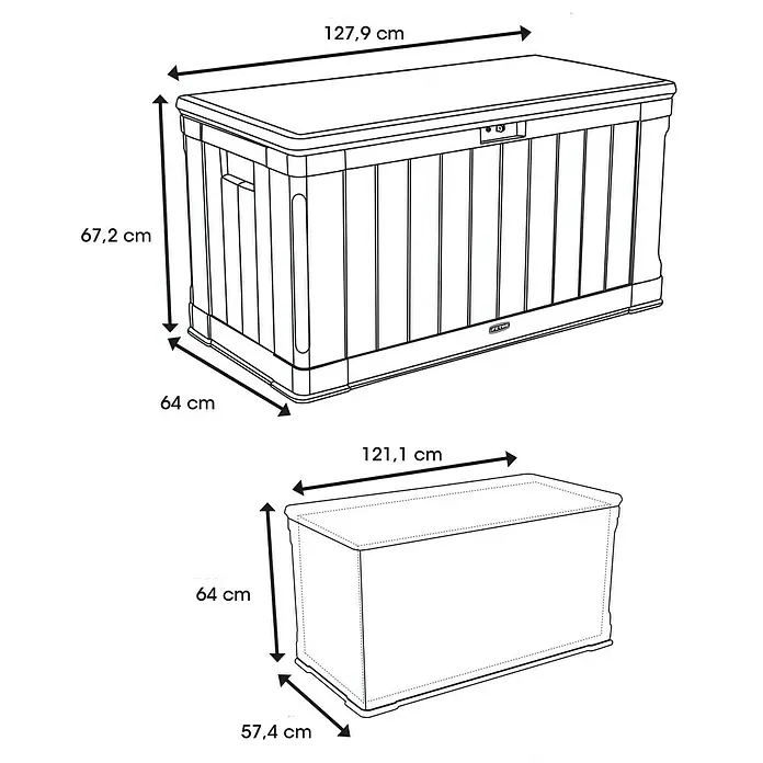 Lifetime Gartenbox Harmony - 128 x 64 x 67 cm, Lichtgrau, Kunststoff - Produktbild: Gartenbox mit den Maßen 127,9 x 64 x 67,2 cm (oben) und Innenraum mit den Maßen 121,1 x 57,4 x 64 cm (unten).