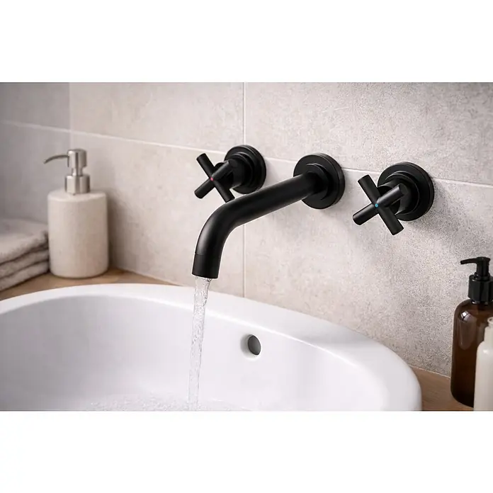 Rousseau Grifo de lavabo empotrado Mural - Negro, Mate - Grifo de pared negro mate con manijas en cruz, agua fluyendo a un lavabo blanco.