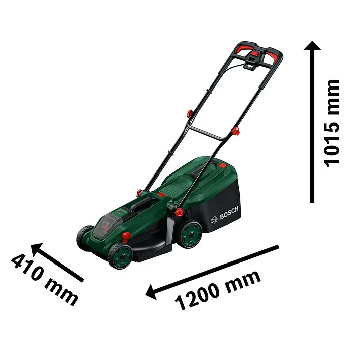 Bosch Power for All 18V Akku-Rasenmäher ROTAK18V-34 - Ohne Akku, Schnittbreite: 34 cm - Grüner und schwarzer Bosch Rasenmäher mit Griff, Maße: 1015mm Höhe, 1200mm Länge, 410mm Breite.