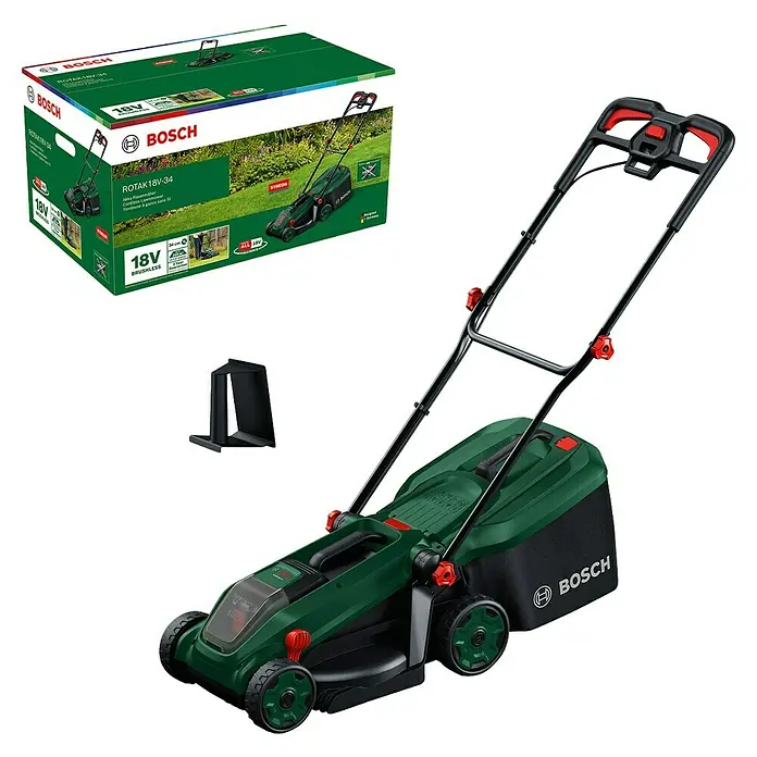 Bosch Power for All 18V Akku-Rasenmäher ROTAK18V-34 - Ohne Akku, Schnittbreite: 34 cm - Grüner und schwarzer Bosch ROTAK 18V-34 Akku-Rasenmäher mit Verpackung und kleinem schwarzem Zubehör.