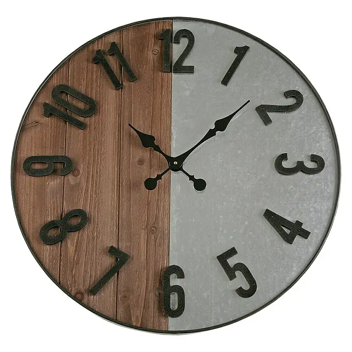 Versa Reloj de pared Bikini - Diámetro: 60 cm, Plateado - Un reloj de pared redondo con fondo de madera y metal, que muestra la hora a las 11:23.