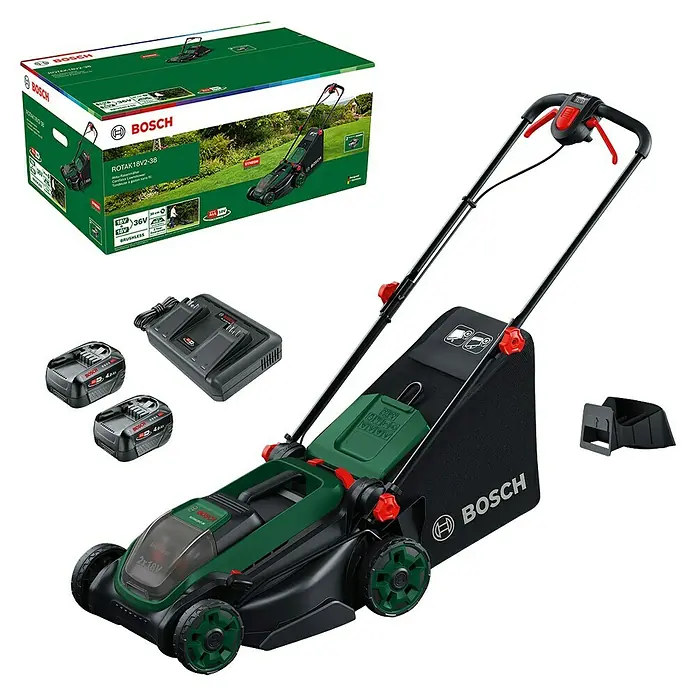 Bosch Power for All 18V Akku-Rasenmäher ROTAK18V2-38 - 2 Akkus, 4 Ah, Schnittbreite: 38 cm - Bosch Rotak 18V2-38 Akku-Rasenmäher (grün-schwarz) mit Produktbox, zwei 4.0Ah Akkus und einem Dual-Ladegerät.