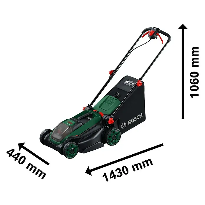Bosch Power for All 18V Akku-Rasenmäher ROTAK18V2-38 - Ohne Akku, Schnittbreite: 38 cm - Grünschwarzer Bosch Akku-Rasenmäher mit Maßen: L 1430mm, B 440mm, H 1060mm.