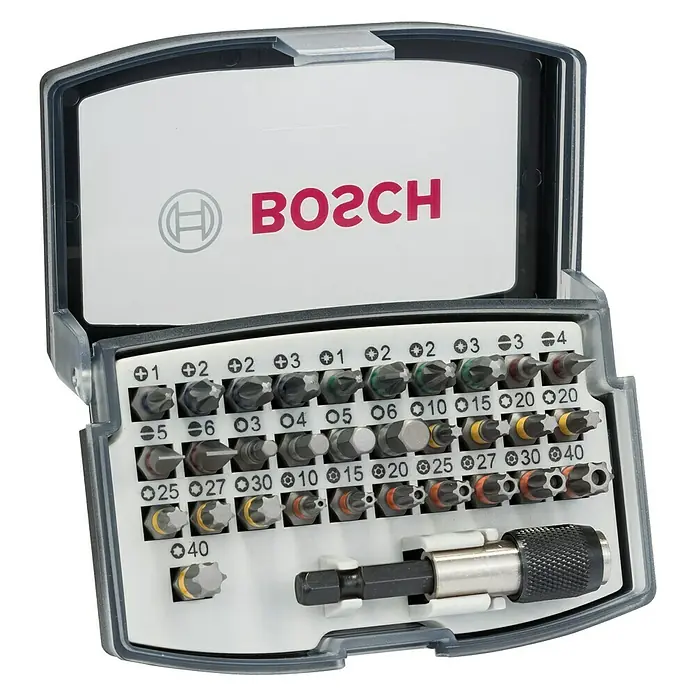 Bosch Bit-Set - ¼″ Sechskant - Aufnahme des Bosch Schrauberbit-Sets, das eine Vielzahl von Bits und einen Bithalter in einer transparenten Kunststoffbox zeigt.